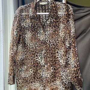 CLEO PETITES LEOPARD PRINT SHEER BUTTON DOWN BLOUSE SIZE MEDIUM